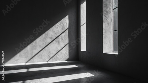 abstract. minimalistic background for product presentation. walls in large empty room. can full of sunlight. Loft wall or minimalist wall. Shadow, light from windows to plaster wall..