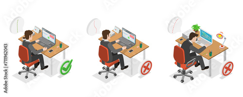 3D Isometric Flat Conceptual Illustration of Right And Wrong Sitting Postures, Medical Ergonomic Workplace