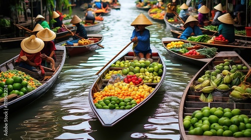 Floating market in Thailand with boats full of colorful fruits and vegetables
