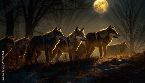 A wolf pack roams through the snowy forest at dusk generated by AI