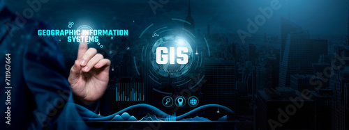 Geographic Information Systems (GIS), Spatial Intelligence, Data Mapping, Businessman touch GIS-related text on the global network cyberspace, technology, and innovation concept.