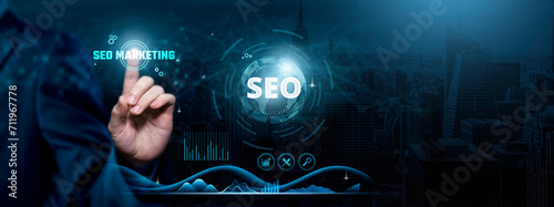 SEO, Online Visibility, Search Engine Optimization, Businessman touch SEO-related text on the global network cyberspace, technology and innovation concept.