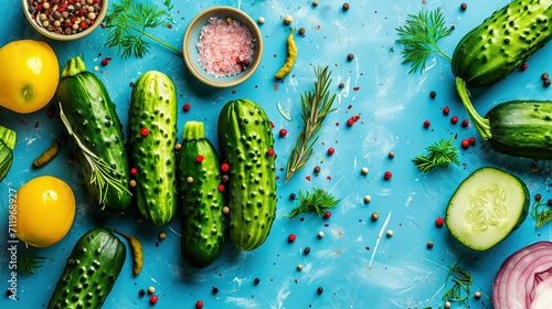 Pickled cucumbers and different spices on blue background