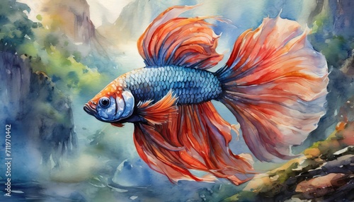 The colorful watercolor of siamese fighting fish. 
