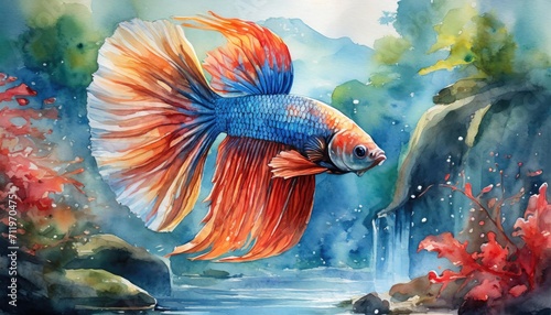 The colorful watercolor of siamese fighting fish. 