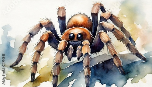 The watercolor of the Tarantula spider on the ground.