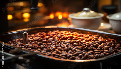 Freshly brewed coffee steams on a hot stove, awakening senses generated by AI