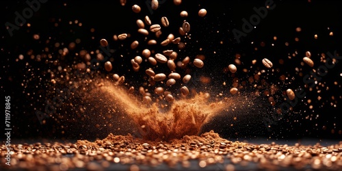 Dynamic explosion of coffee grounds and beans against a black background.