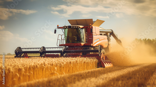 close view of modern combine harvester in action