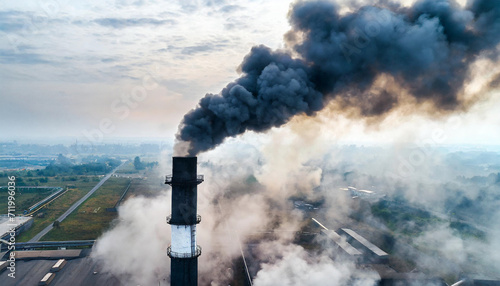 industrial scene with black smoke billowing from factory chimney, symbolizing environmental harm, global warming, and air pollution crisis.