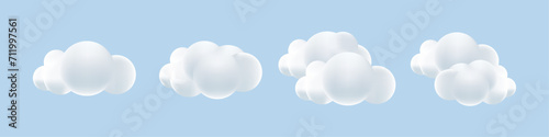 White 3d clouds set and collection isolated on a blue background. Soft round fluffy cartoon clouds mock up. 3d geometric shapes vector illustration