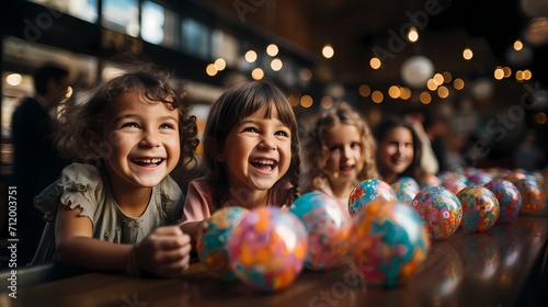 A candid shot of a group of children engaged in a fun game at a birthday party. They are smiling, playing, and having a wonderful time. The background is filled with colorful decorations and balloons
