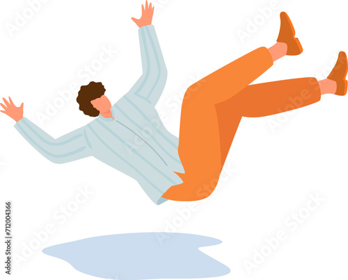 Young man in casual clothes slipping and falling down. Accident, clumsy person tripping, unexpected fall vector illustration.
