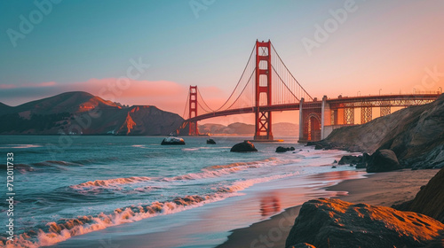 早朝のカリフォルニア州サンフランシスコの象徴的なランドマーク、ゴールデン ゲート ブリッジGenerativeAI