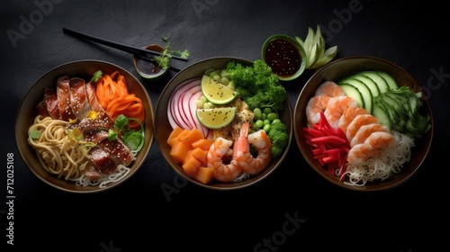 an overhead shot of a mixed platter of fresh raw sashimi
