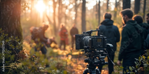 Behind the scenes of a film set with crew and equipment in a forest location.