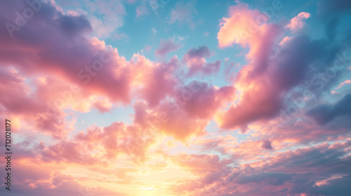 Real majestic sunrise sundown sky background with gentle colorful clouds without birds.