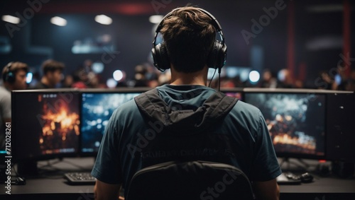 Jugador de videojuegos profesional de espalda sentado en una silla gamer frente a muchas computadoras