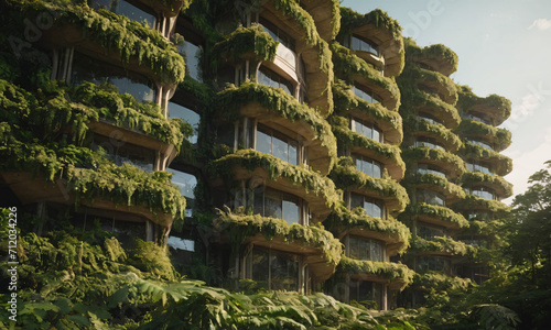 Sci-fi futuristic brutalist architecture style building structure with honeycomb pattern and lush vegetation façade