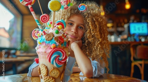 A smiling girl posing with a whimsical, candy-decorated milkshake in a cafe.