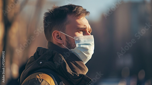 屋外でマスクをして遠くを見ている花粉症の男性、背景春秋冬の森のボケ