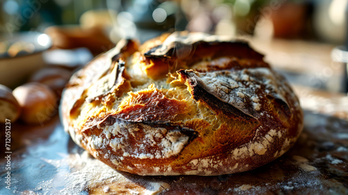 Freshly baked homemade bread on a table.