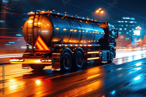 A large tanker truck driving at night.