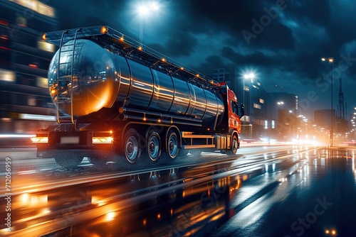 A large tanker truck driving at night.