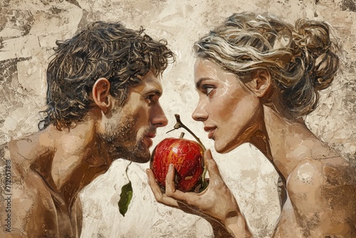 Adam and Eve with an apple. The concept embodies temptation and choice.