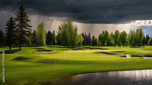 a rain delay on a green golf course on a stormy cloud