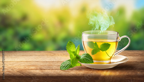 Glass cup of aromatic green tea with fresh mint on wooden table with blurred background