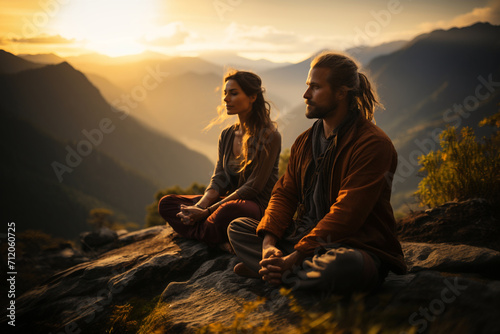 Unity connection with yourself, meditating for inner peace zen balance, stable mental health wellness concept. Young couple woman and man practicing breathing yoga pranayama in sunrise nature park
