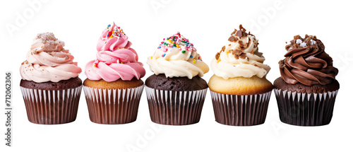 delicious frosted cupcakes in a row on transparent background