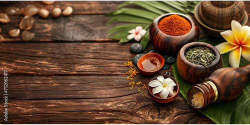  Ayurvedic spa and relax with natural aromatherapy treatment in a room for luxury or wellness surrounded by nature. Health and ayurveda massage, skincare, spa or relaxation concept.