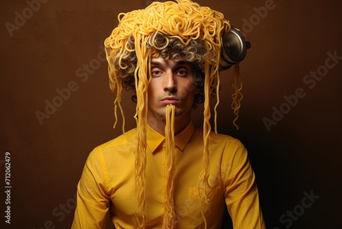 Man with noodles hanging on his ears.