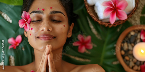 Indian young woman in spa ayurvedic salon relaxing after taking massage treatment with her eyes closed. Care about yourself beauty ayurveda treatment procedures concept. Body skin and hair care