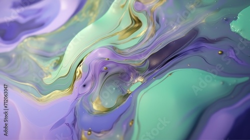 The close up of a glossy liquid surface abstract in lavender, mint green, and olive green colors with a soft focus. 3D illustration of exuberant. generative AI