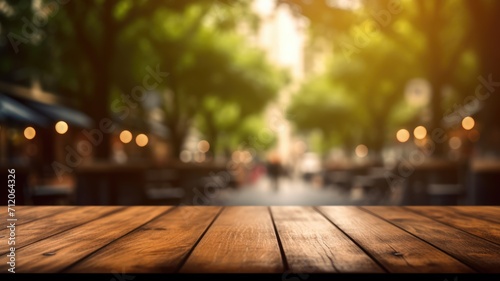 The empty wooden table top with blur background of outdoor cafe at the street. Exuberant image. generative ai