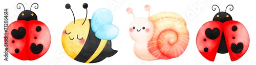 Set of Spring critters include snail ladybug honey bee cute cartoon character design colorful watercolor