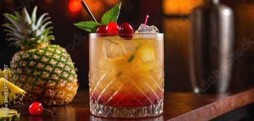  a close up of a drink in a glass with a pineapple and cherries on a table next to a pineapple and a glass of watermelon.