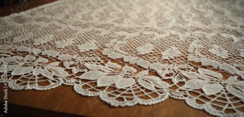  a close up of a doily on a table with a piece of wood in the middle of the table and a piece of lace on top of the table.
