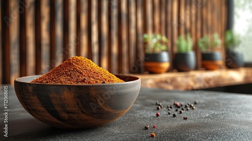 épice curry dans un bol dans une cuisine en bois