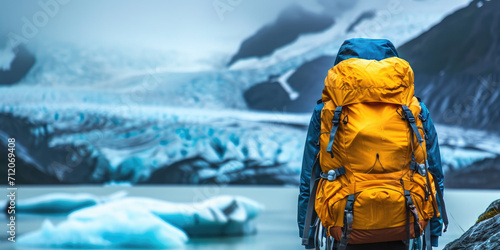 Touristic backpack on blurred astonishing glacier landscape background.