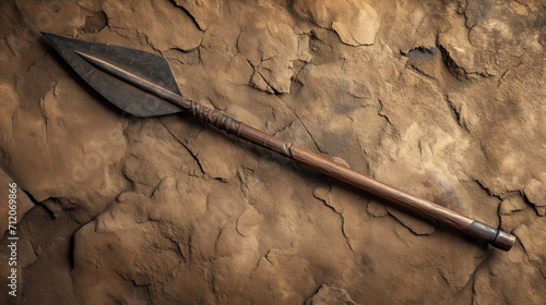 Ancient spear on cracked earth background.