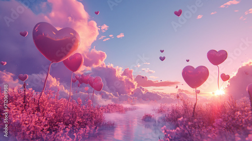 A breathtaking, surreal fairytale lakeside scenery with blooming pink hearts, capturing the essence of love and romance with sunshine