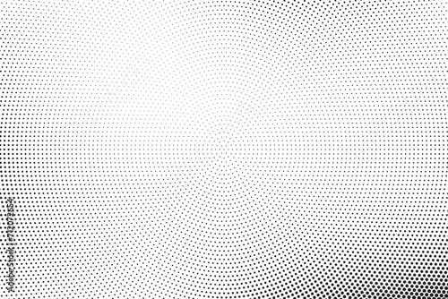 Radial halftone spotted gradient background. Dotted stains concentric texture with fading effect. Black and white circle shade wallpaper. Grunge rough vector. Monochrome geometric backdrop. 