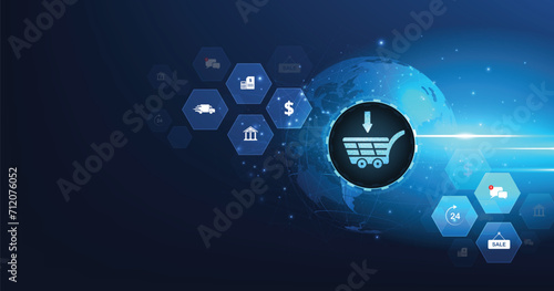 Online business and Internet trading concept. A virtual image cart on a dark blue background conveys purchasing products and services via the Internet. 