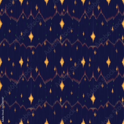 Beautiful Ethnic Ikat abstract Indigo blue Indian. The seamless indigo, Yellow and red pattern in tribal.