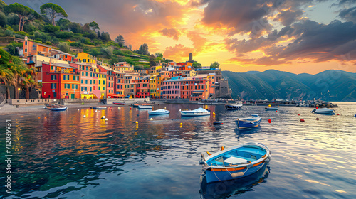 Beautiful Italian Port With Boats At Sunset
