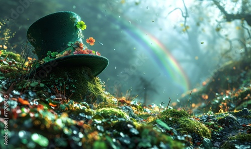 Enchanted leprechaun hat in a mossy forest setting with a distant rainbow.